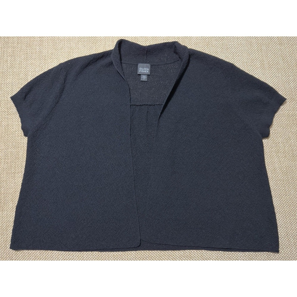 Eileen Fisher Italian Wool Cardigan Sweater L Black Open Front Crop Short Sleeve